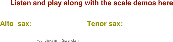 Listen and play along with the scale demos here

    Alto  sax:                            Tenor sax:                                       
           
                                               Four clicks in     Six clicks in      
 